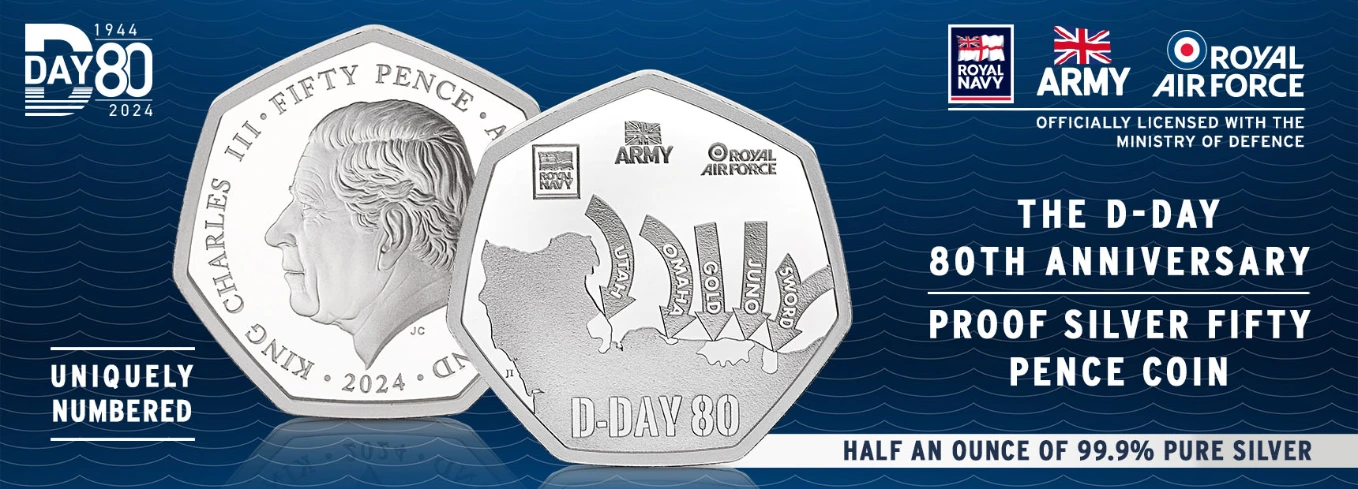 D-Day Anniversary Pure Silver Fifty Pence Coin Officially approved by The Royal Navy, British Army and Royal Air Force