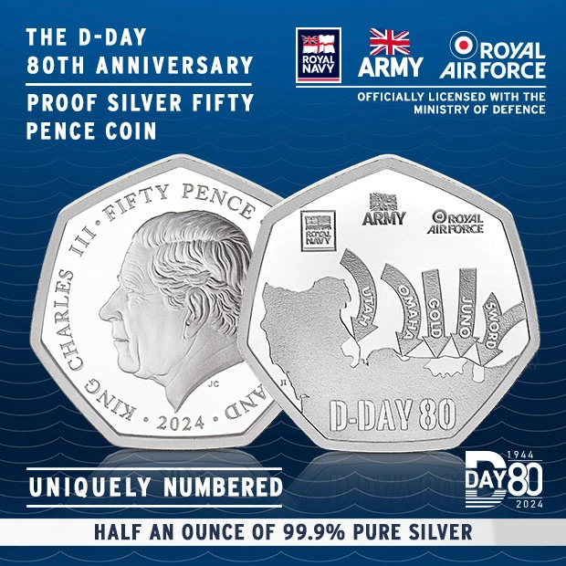 D-Day Anniversary Pure Silver Fifty Pence Coin Officially approved by The Royal Navy, British Army and Royal Air Force
